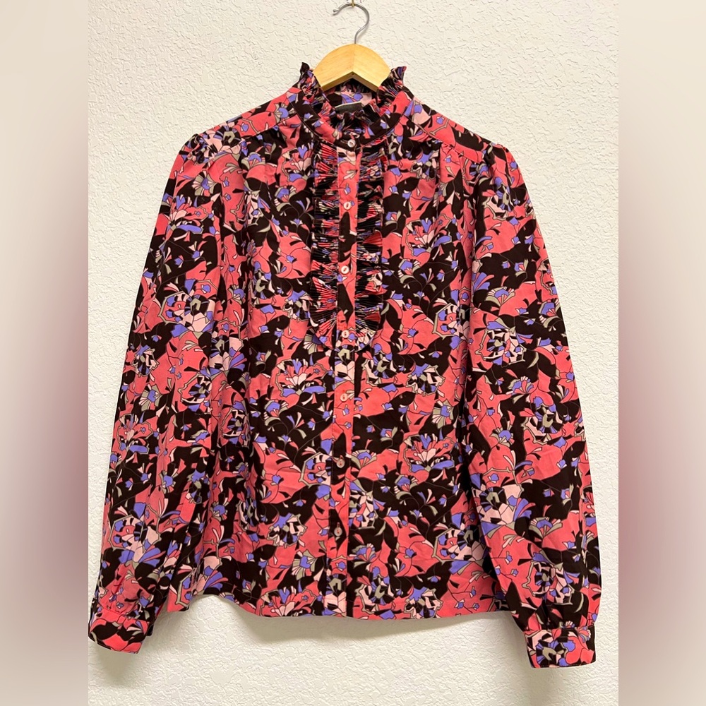 *Vintage Ruffle Collar Pink and Purple Button Down Blouse